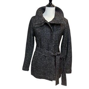 Ann Taylor Jacket Women's Small Petite Gray Wool Blend Belted-Waist Full Zip